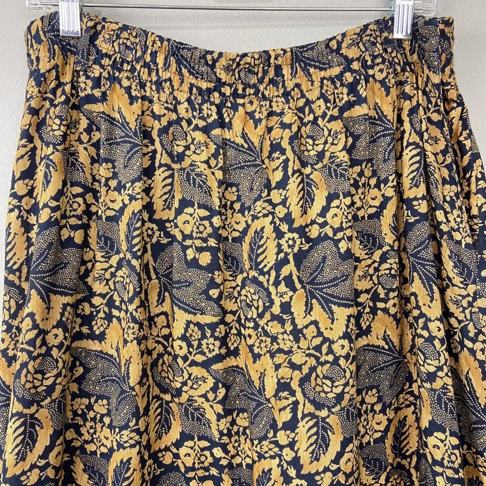 Vintage 90s The Villager Midi Skirt Size L Navy Gold Floral Paisley Cottagecore‎